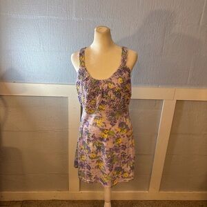 Floral Purple Midi Dress SZ MED Elastic front floral flowers 33” long cottage